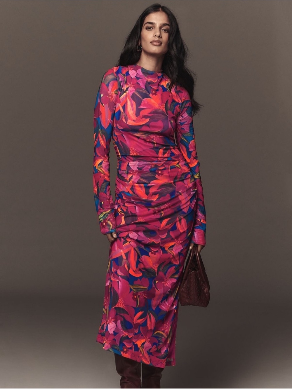 NEW Farm Rio Long-Sleeve Mesh Slim Midi Dress in Floral Erika, Small Petite